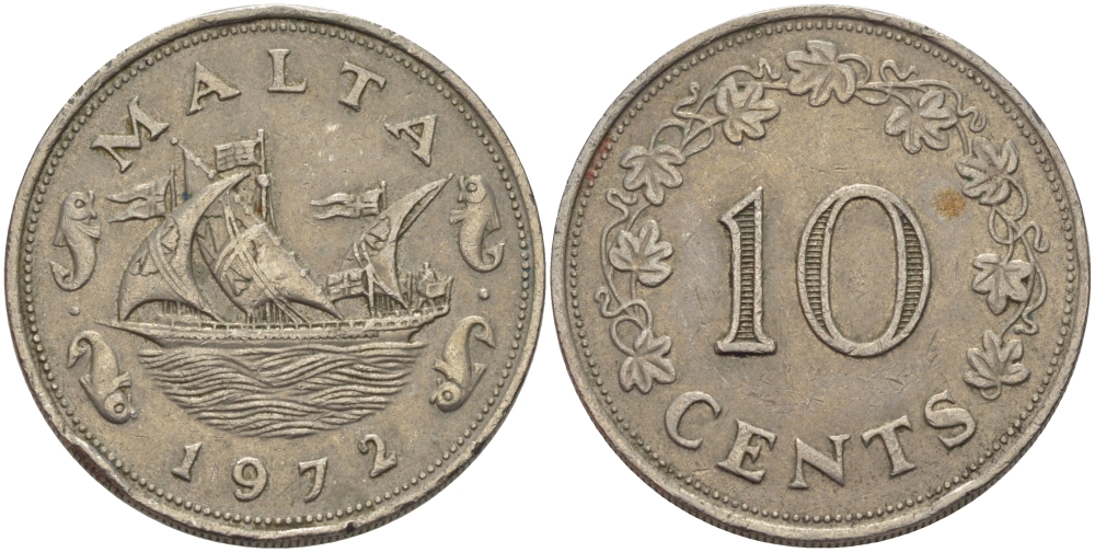 Мальта 10 центов 1972 баржа Великого магистра KM 11 медно-никель 82-514