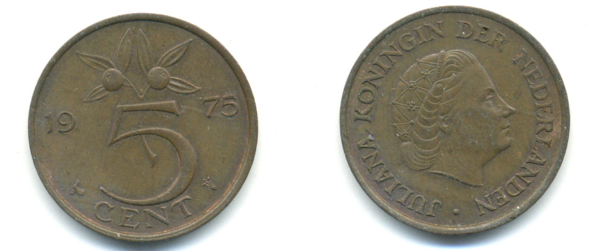 Нидерланды 5 центов 1975 Юлиана (1949-1980) KM 181 бронза 83-853