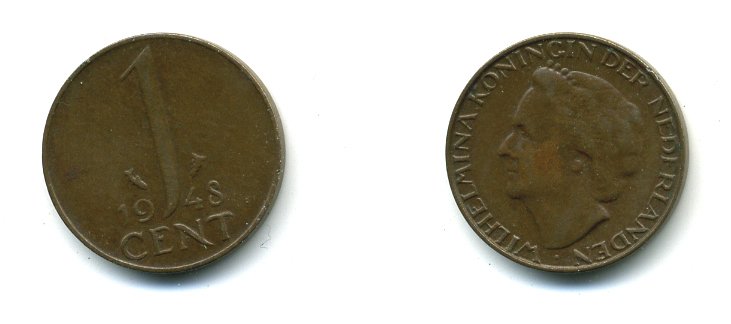 Нидерланды 1 цент 1948 Вильгельмина (1890-1948), год тип KM 175 бронза 35-1335