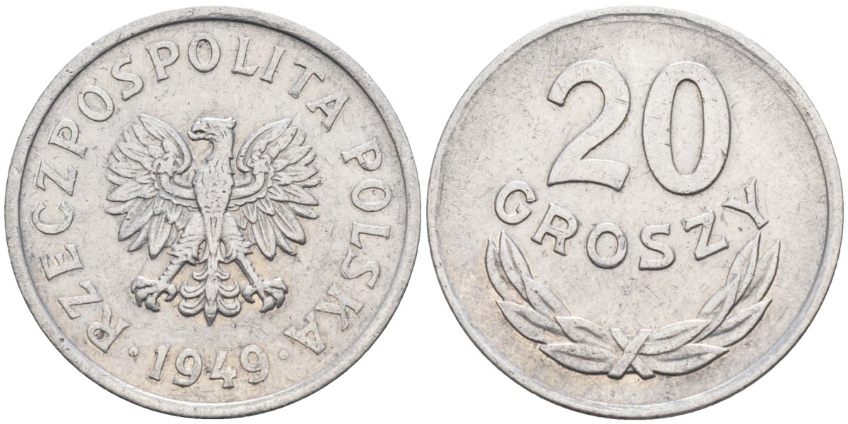 Польша 20 грошей 1949 KM 43а, Parchimowicz 207b алюминий 4594-327