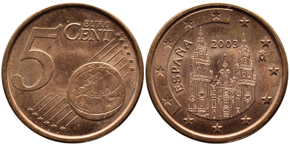 ИСПАНИЯ 5 ЕВРОЦЕНТОВ 2003 KM 1042 сталь плакированная медью 4391-145
