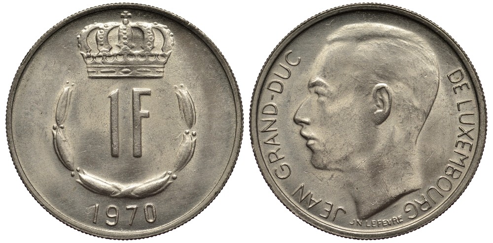 ЛЮКСЕМБУРГ 1 ФРАНК 1970 ВЕЛИКИЙ ГЕРЦОГ ЖАН (1964-2000) KM 55 медно-никель 4538-927