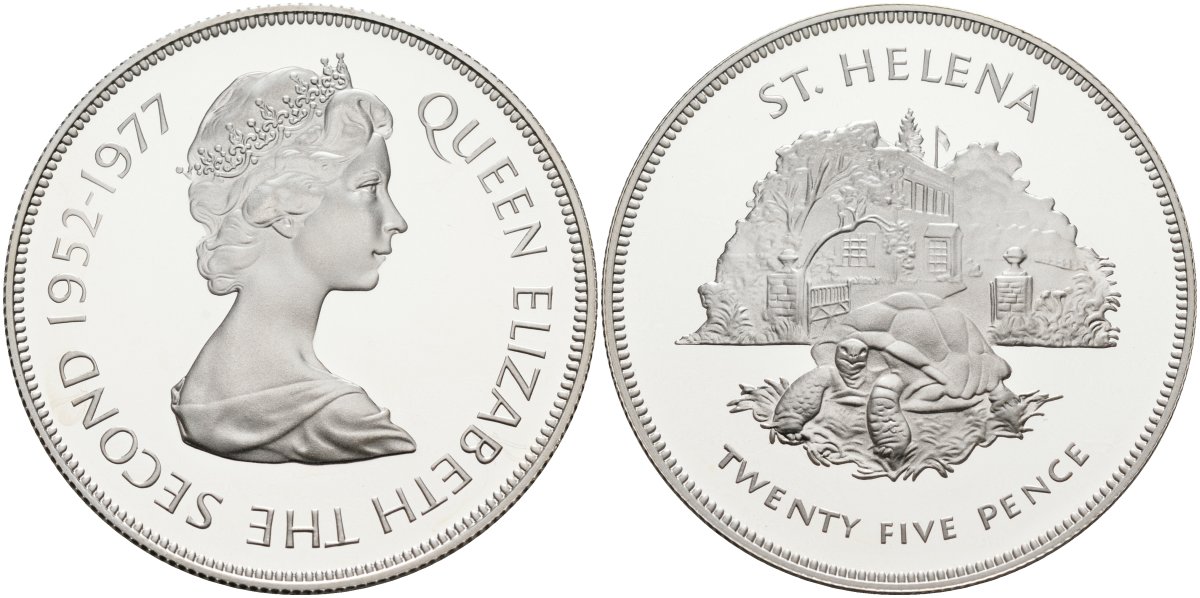 Остров Святой Елены 25 пенсов 1977 25 лет правления Елизаветы II (1952-1977), черепаха, тираж 25000 экз. KM 6а серебро PROOF 1098-2-21