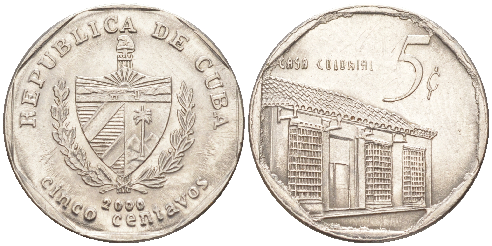 Куба 5 сентаво 2000 колониальный дом KM 575.2, Schoen 713, JMA MC19 сталь плакированная никелем 63-315