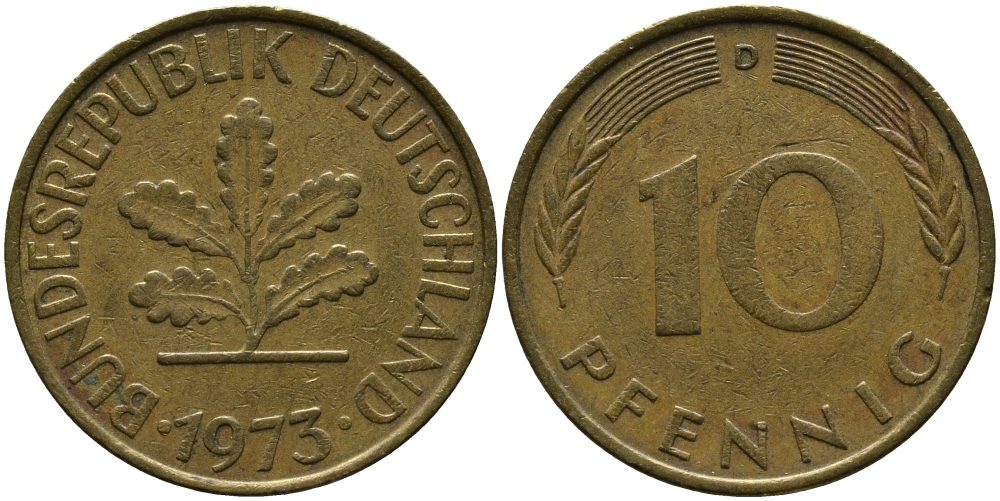 ФРГ 10 ПФЕННИГОВ 1973 D KM 108, J.383 сталь плакированная латунью 33-131