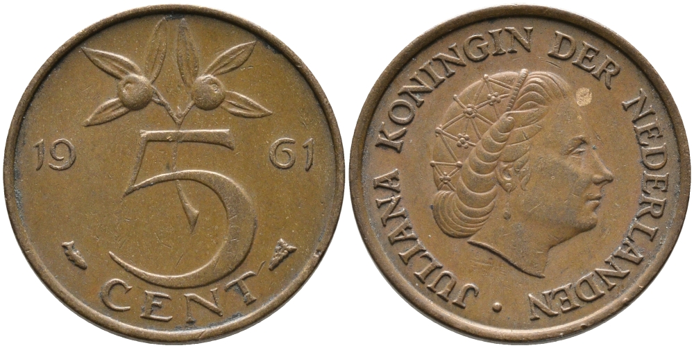 НИДЕРЛАНДЫ 5 ЦЕНТОВ 1961 ЮЛИАНА KM 181 бронза 65-1217