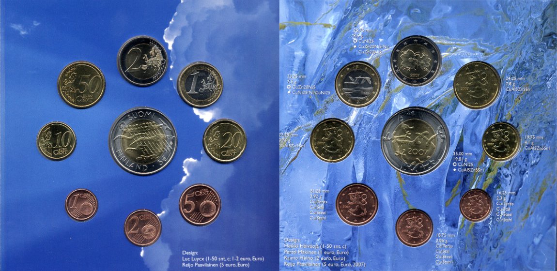 Финляндия евронабор из 8 монет + 5 евро 2007 90 лет независимости Финляндии, официальный набор в оригинальном буклете  биметалл  UNC 5-4-1-13