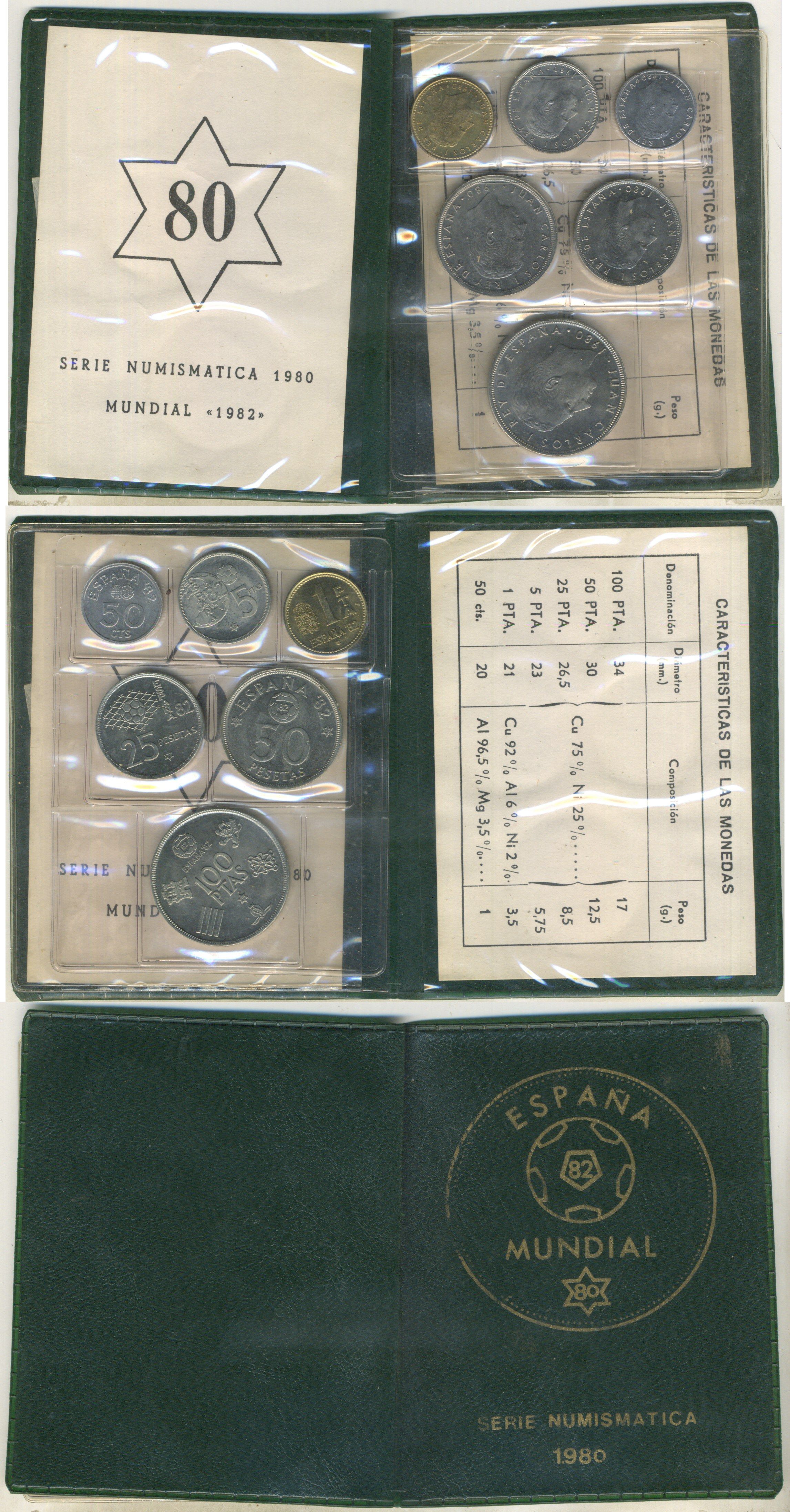 Испания официальный набор из 6 монет (50 сентимов; 1, 5, 25, 50 и 100 песет) 1980 (80) чемпионат мира по футболу в Испании 1982 года KM MS11 (815, 816, 817, 818, 819 и 820) UNC 8-2-06-28