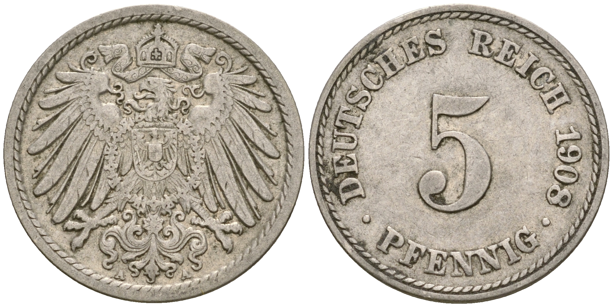 Германия 5 пфеннигов 1908 A KM 11, Jager 12, Weege 6 медно-никель 4364-3656