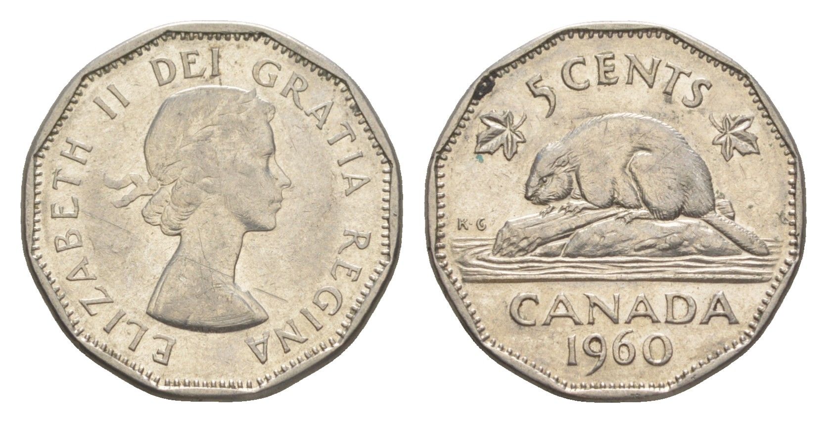 Канада 5 центов 1960 бобр, Елизавета II (1952-2022) KM 50a никель 4158-641