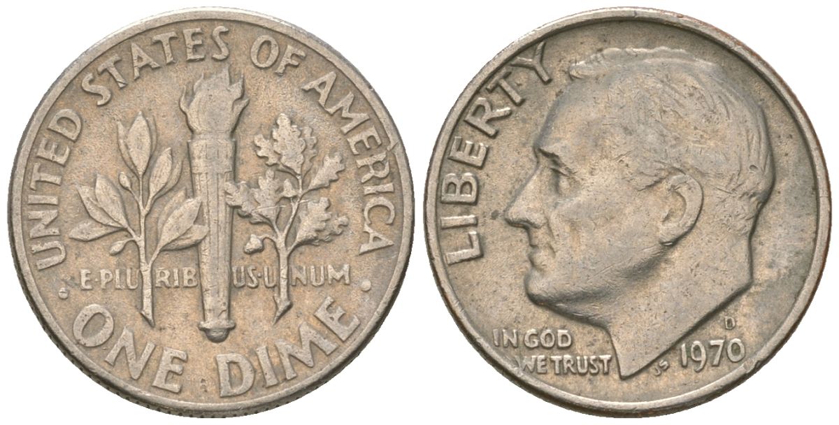 США 10 центов (дайм) 1970 D, президент Рузвельт KM 195a медь плкированный медно-никелем 4549-958