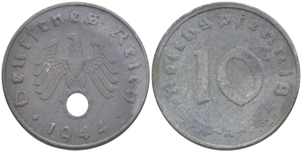 ГЕРМАНИЯ 10 РЕЙХСПФЕННИГОВ 1944 А KM 101, J. 371 цинк 4523-316