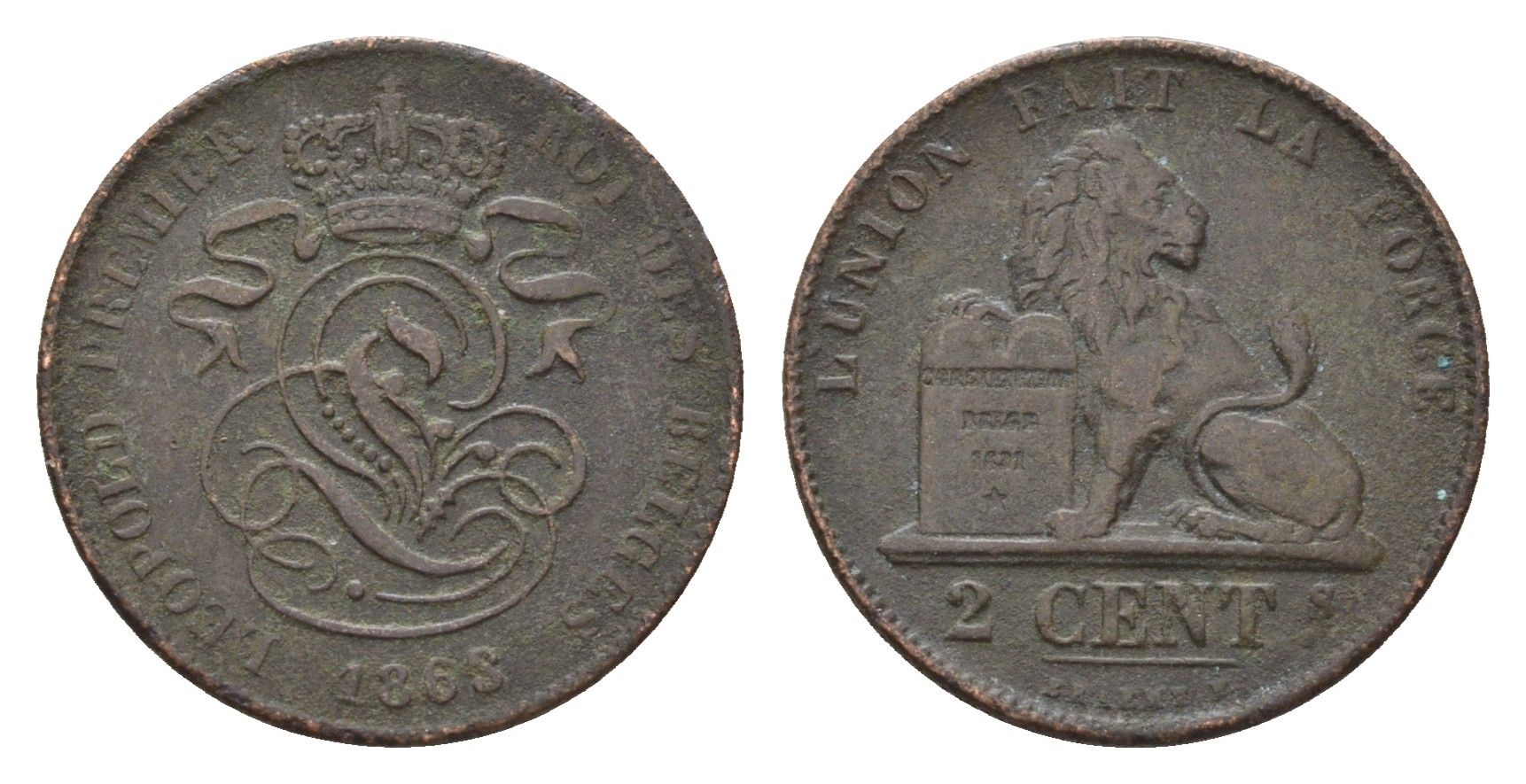 Бельгия 2 сантима 1863 Леопольд I (1831-1865) KM 4 медь 4151-444