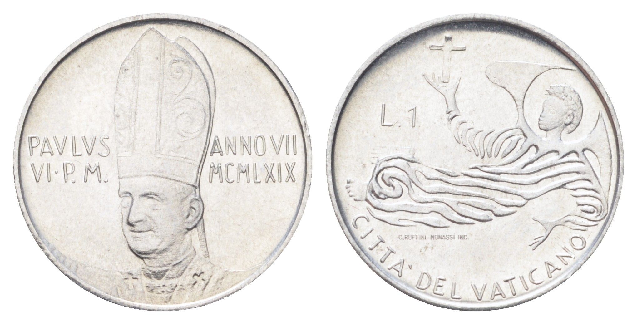Ватикан 1 лира 1969 MCMLXIX, год-тип KM 108 алюминий UNC 4701-512