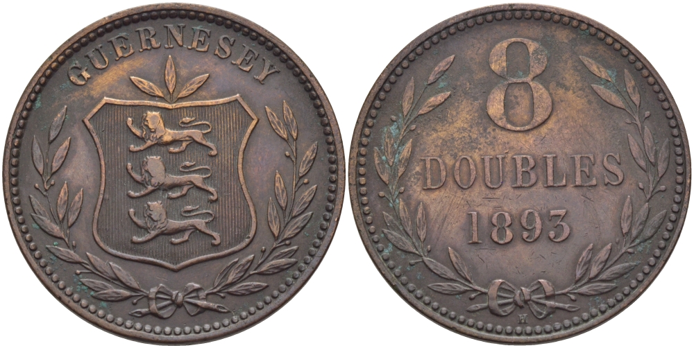 Гернси 8 даблов (дублей) 1893 Н KM 7 бронза 32-111
