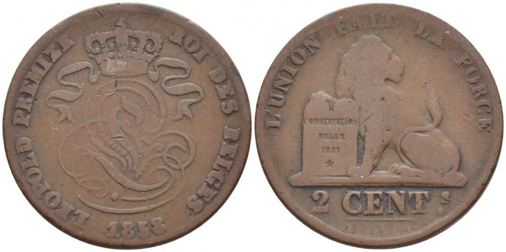 БЕЛЬГИЯ 2 САНТИМА 1858 BELGES KM 4.2 медь 4448-623