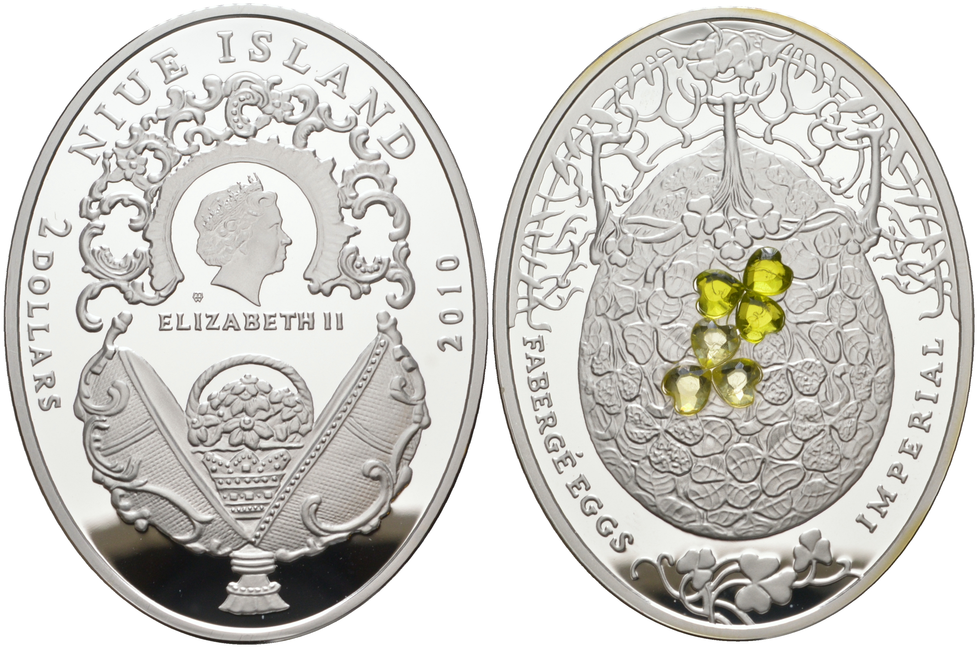 Ниуэ 2 доллара 2010 яйца Фаберже, лист клевера, тираж 7000 экз., размер 41,6 Х 55,6 мм., вес 56,56 гр.., сертификат KM 424 серебро PROOF 1072-4-21