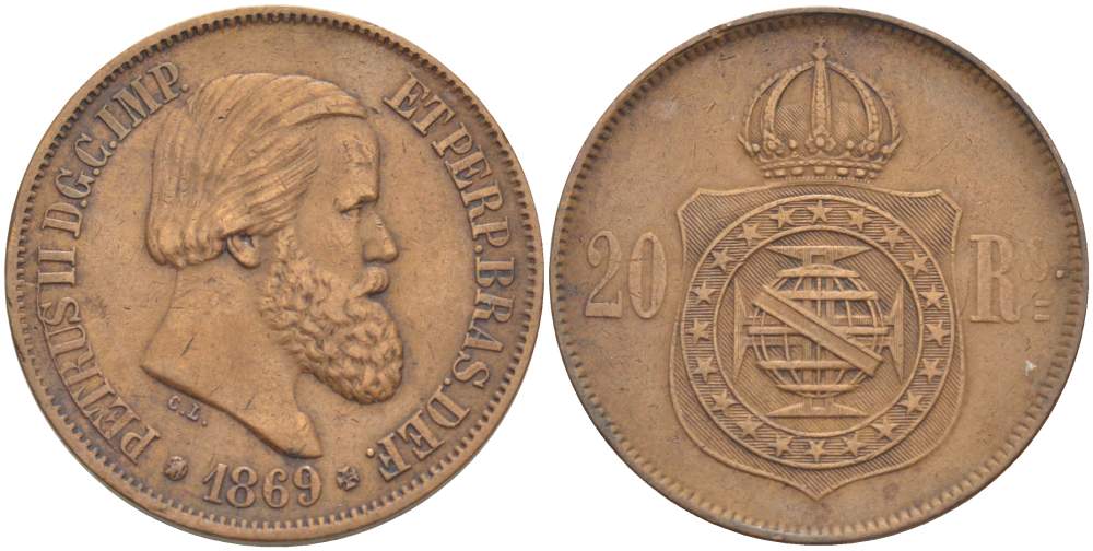 Бразилия 20 рейсов 1869 Педро II (1831-1889) KM 474 бронза 4529-456