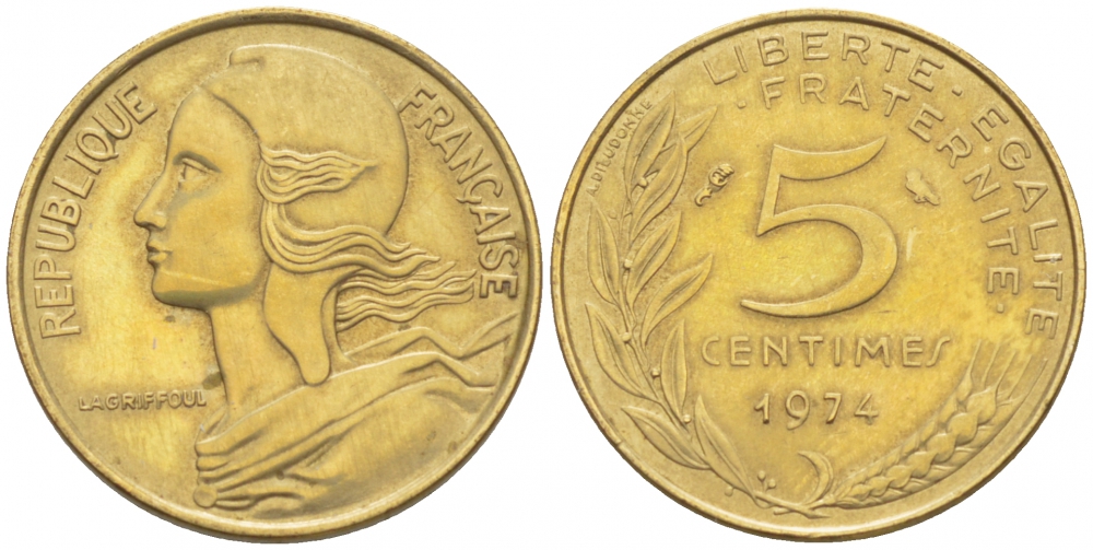ФРАНЦИЯ 5 САНТИМОВ 1974 ТИП MARIANNE KM 933, LE FRANC 125.10 алюминиевая бронза 112-842