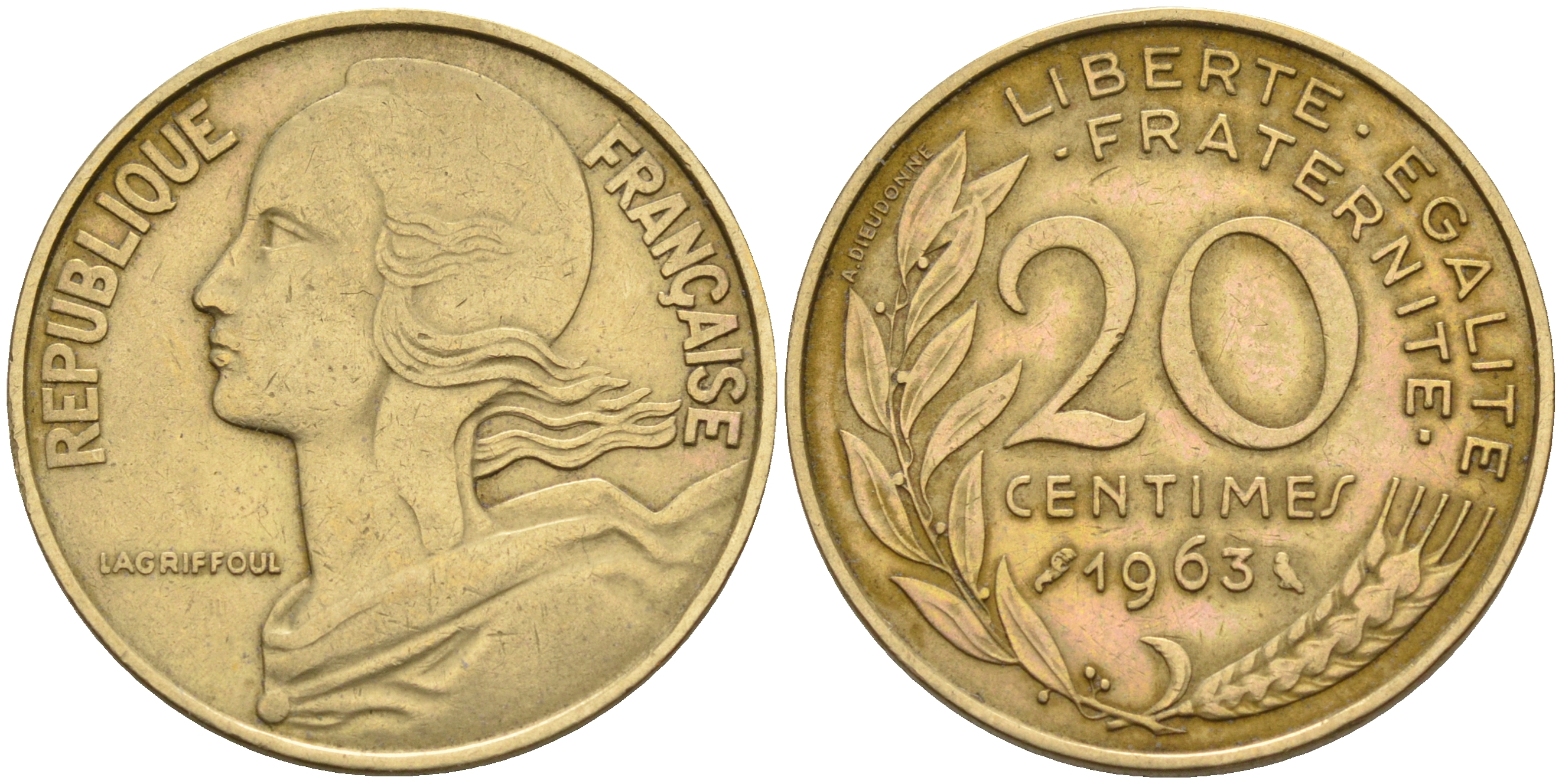Франция 20 сантимов 1963 тип Марианна KM 930 медь алюминий никель 4116-513