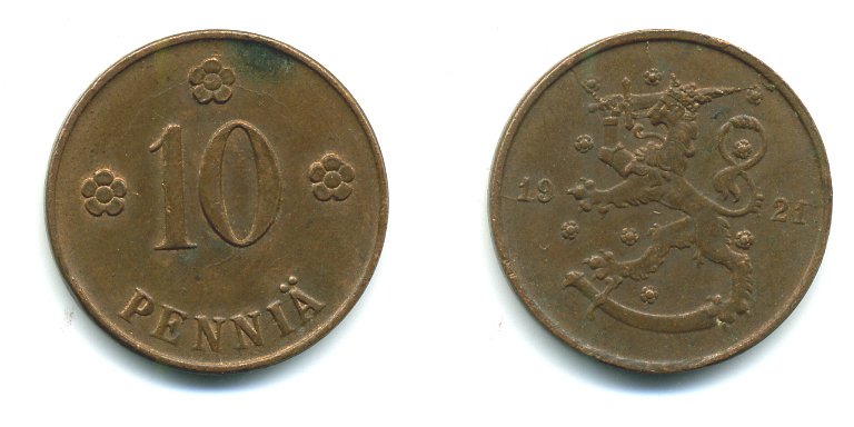 Финляндия 10 пенни 1921 республика (1918-1962) KM 24 медь 29-247