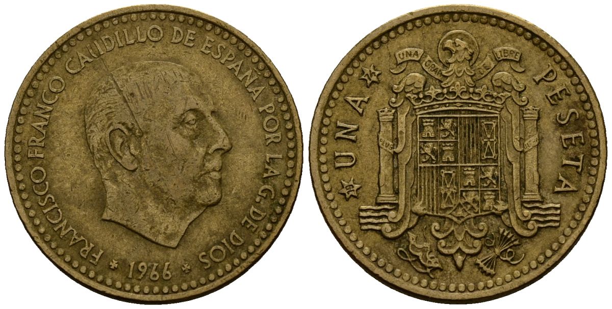 Испания 1 песета 1966 Франсиско Франко (1939-1975) KM 796 алюминиевая бронза 4176-321