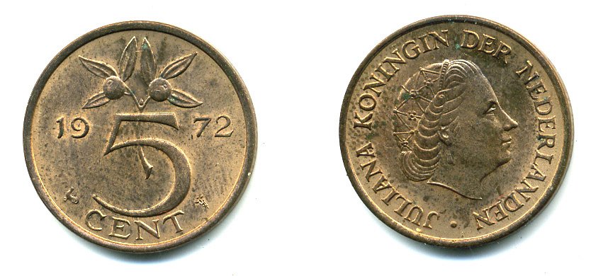 Нидерланды 5 центов 1972 Юлиана (1948-1980) KM 181 бронза 76-443