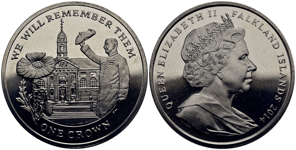 Фолклендские острова 1 крона 2014 в память героев первой мировой войны, Королевский госпиталь Челси KM 177 медно-никель  UNC 4386-815