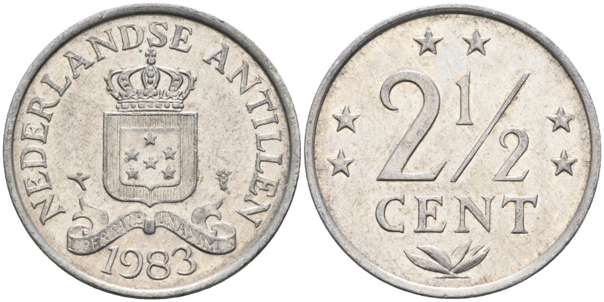 Нидерландские Антилы 2 1/2 цента 1983 Беатрикс (1980-2013) KM 9а алюминий 4586-757