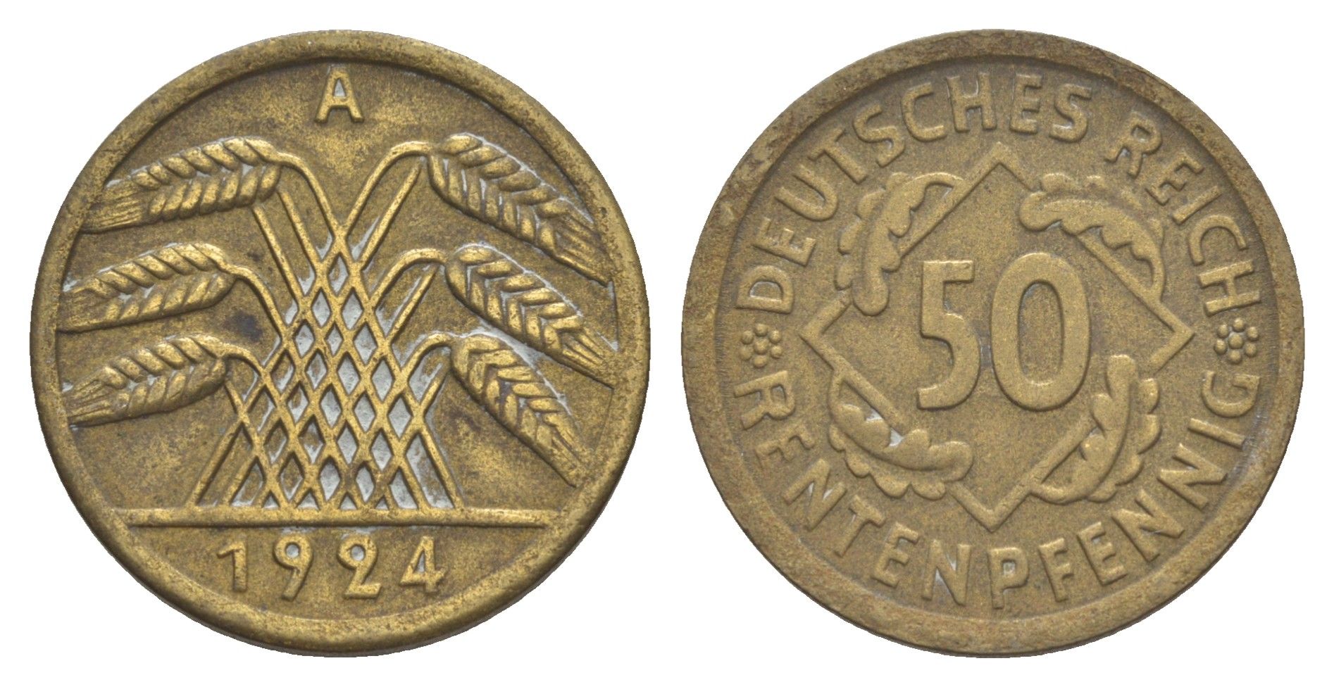 Германия 50 рентенпфеннигов 1924 A KM 34 алюминиевая бронза 4637-213