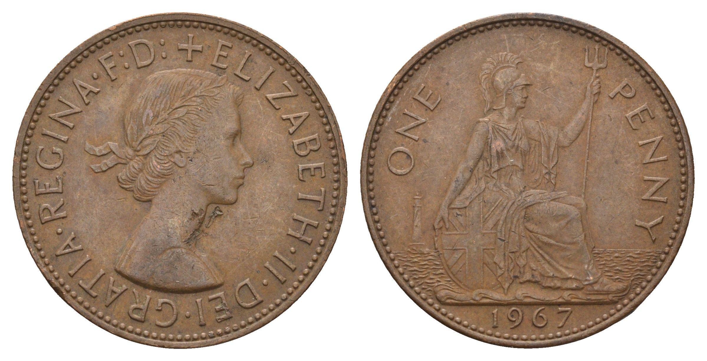 Великобритания 1 пенни 1967 Елизавета II (1952-2022) KM 897, Spink 4157 бронза 4692-732