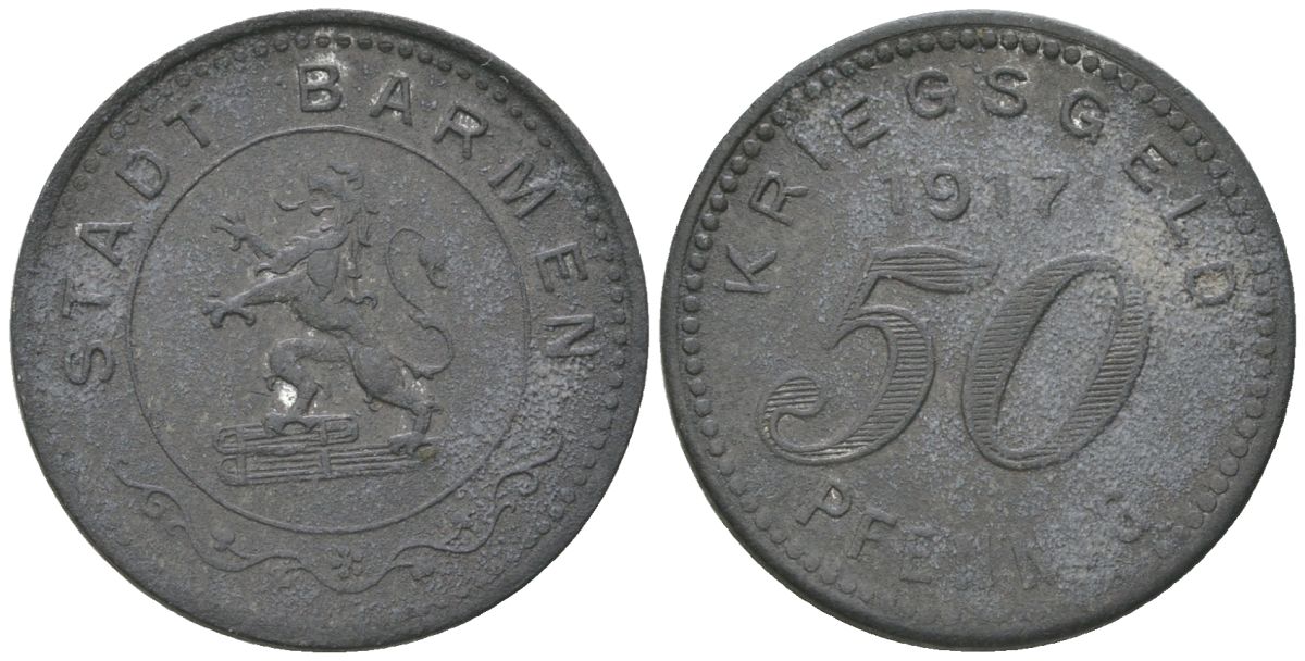 Барменов (Пруссия,Рейн) 50 пфеннигов 1917 Funck 30.2, Men05 1453.2, Men18 1851.2 цинк 4566-343