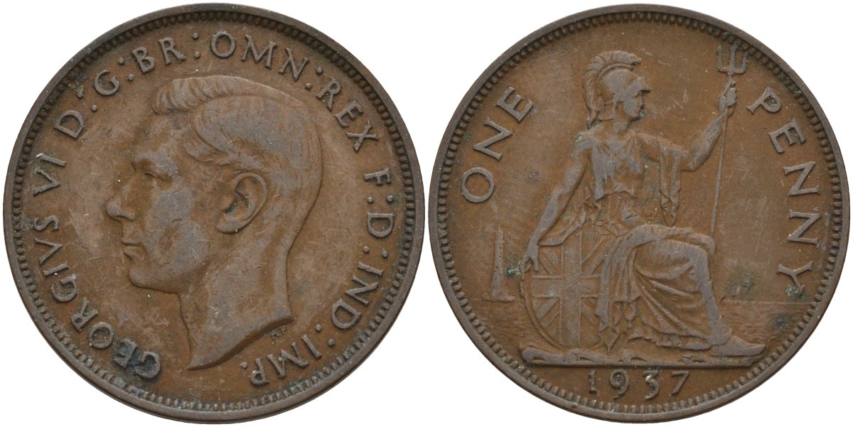 Великобритания 1 пенни 1937 Георг VI (1936-1952) KM 845, Spink 4114 бронза 4144-911