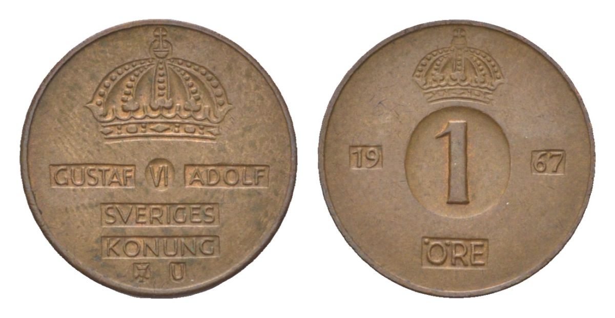 Швеция 1 эре 1967 U, Густав VI Адольф (1950-1973) KM 820 бронза 4623-832