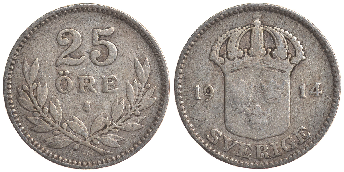 Швеция 25 эре 1914 W, Густав V (1907-1950) KM 785 серебро 4179-834