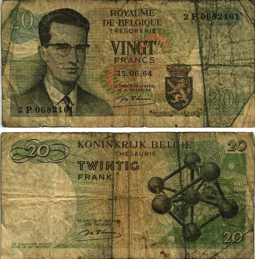 Бельгия 20 франков 1964 Бодуэн I, атомиум, d Haeze Pick 138 (1) бумага 7486-32-3-2