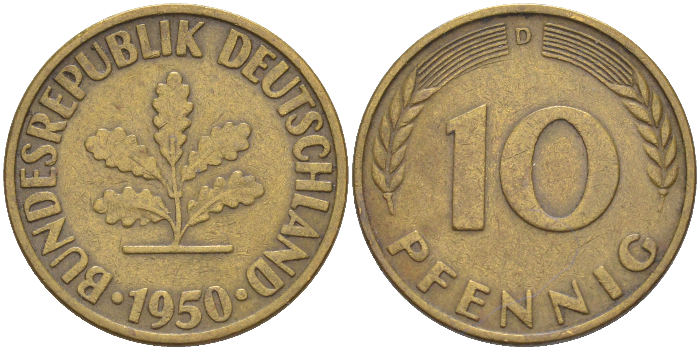 ФРГ 10 пфеннигов 1950 D KM 108, J. 383 сталь плакированная латунью 4513-845