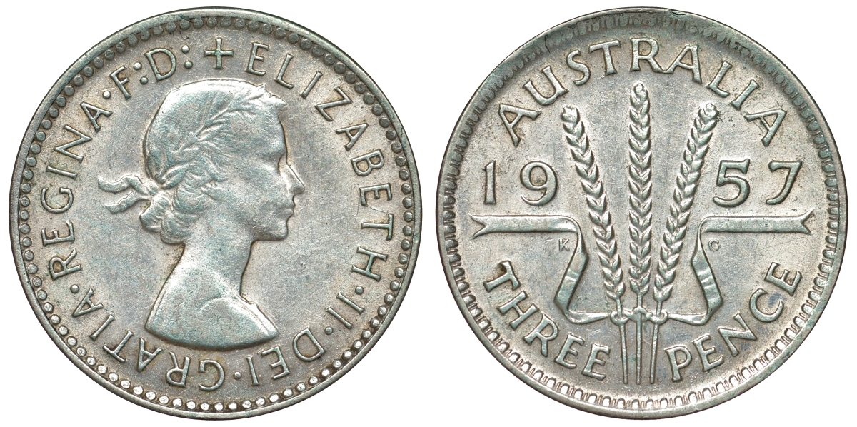Австралия 3 пенса 1957 m, Елизавета II (1952-2022) KM 57 серебро 71-546