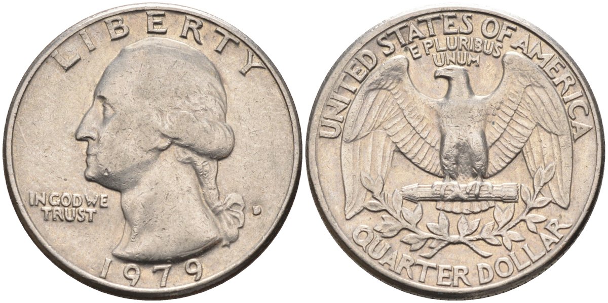 США 25 центов = квотер 1979 D, Вашингтон KM A164a медь плакированная медно-никелем 4584-1115