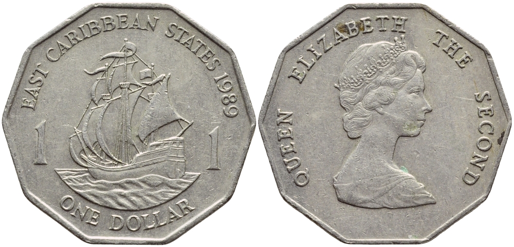 Восточно-Карибские штаты 1 доллар 1989 Елизавета II (1952-2022), парусник, первый год KM 20 медно-никель 4175-144