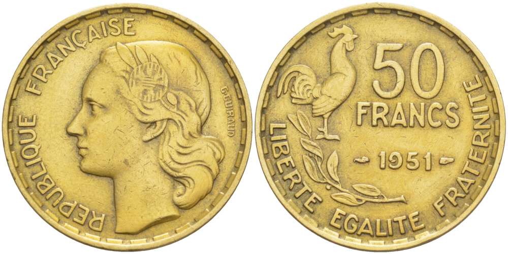 ФРАНЦИЯ 50 ФРАНКОВ 1951 ПЕТУХ KM 918.1, LE FRANC 425.5 алюминиевая бронза 4521-325