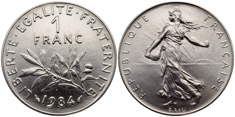 ФРАНЦИЯ 1 ФРАНК 1984 СЕЯТЕЛЬ, тираж 50347 экземпляров KM 925.1 никель UNC 1526-1333