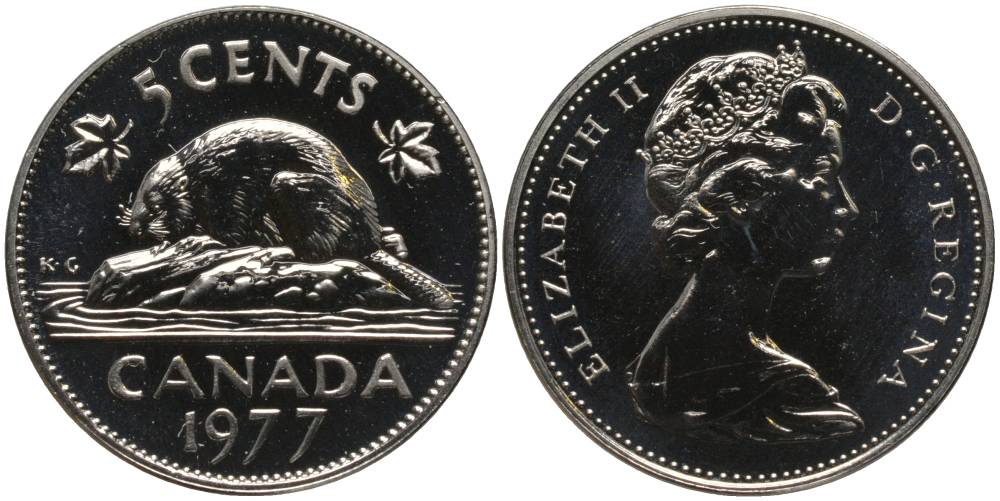 Канада 5 центов 1977 Елизавета II (1952-2022), бобр KM 60.1 никель PROOFLIKE 181-312