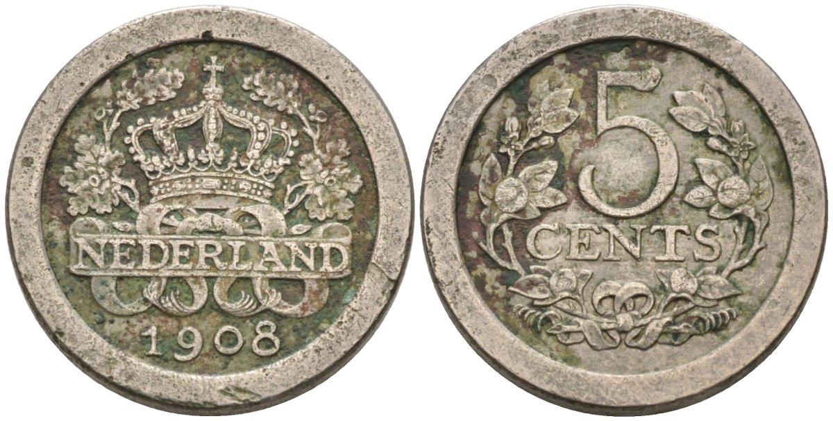 Нидерланды 5 центов 1908 Вильгельмина (1890-1948) KM 137 медно-никель 4576-767