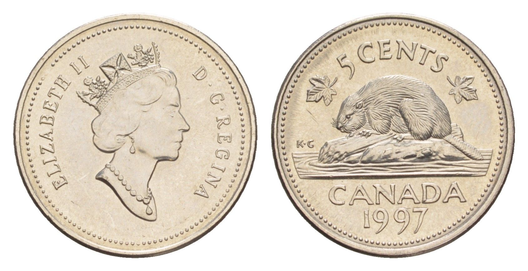 Канада 5 центов 1997 Елизавета II (1952-2022), бобр KM 182 медно-никель UNC 4636-623