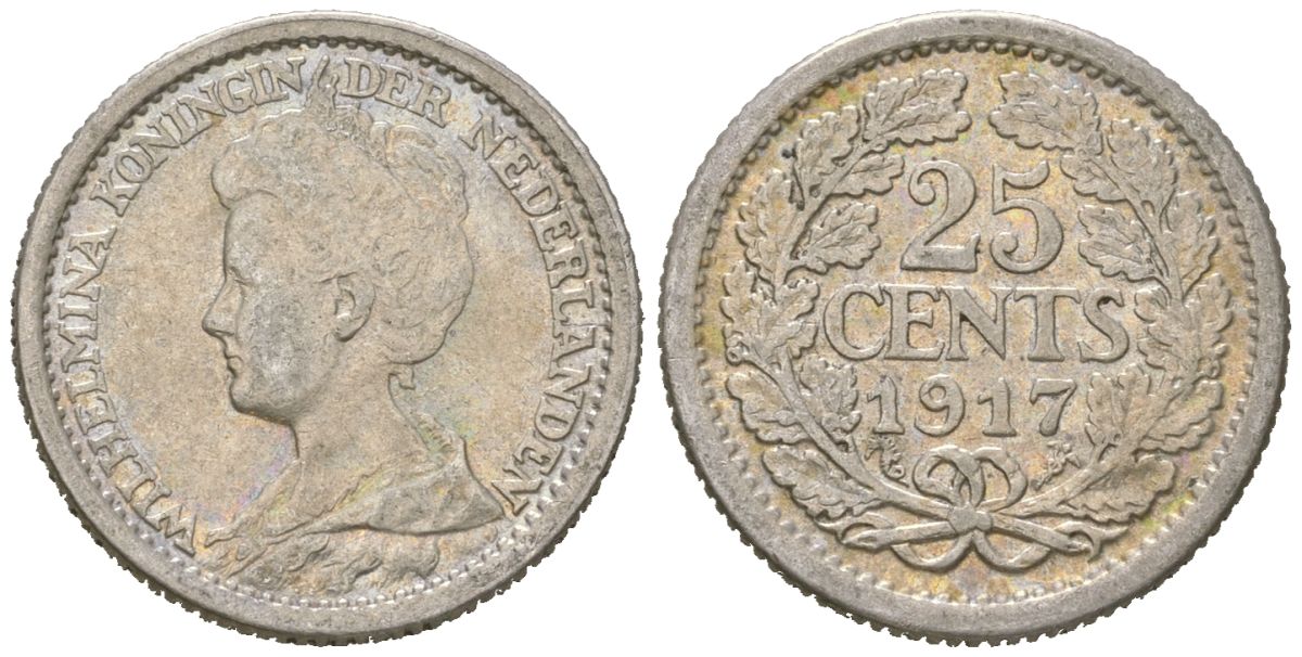 Нидерланды 25 центов 1917 Вильгельмина (1890-1948) KM 146 серебро 4611-226