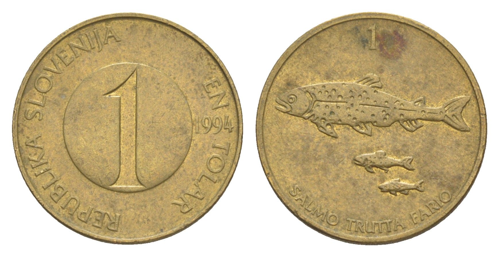 Словения 1 толар 1994 рыбы KM 4 латунь 3996-1215