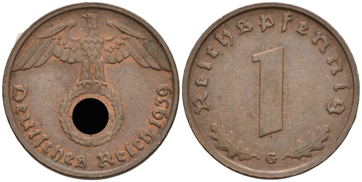 Германия 1 рейхспфенниг 1939 G KM 89, J 361 бронза 4136-1241