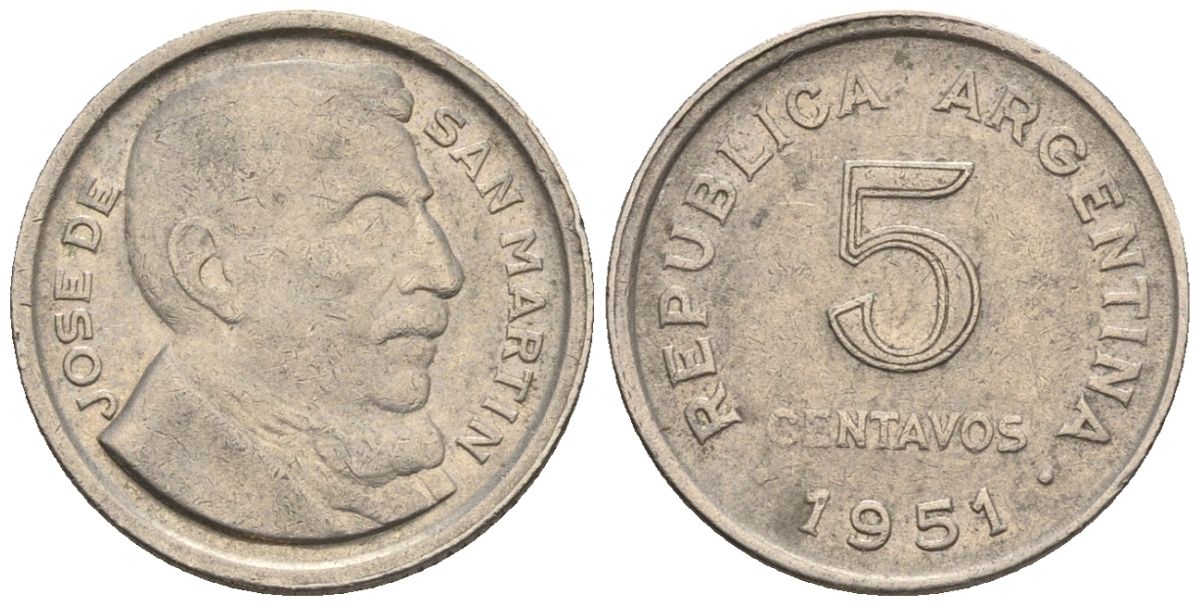 Аргентина 5 сентаво 1951 генерал Хосе де Сан Мартин KM 46, Schon 49 медно-никель    4609-1139