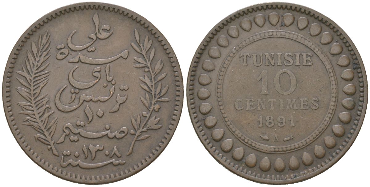 Тунис 10 сантимов 1891 KM 222 бронза 98-437